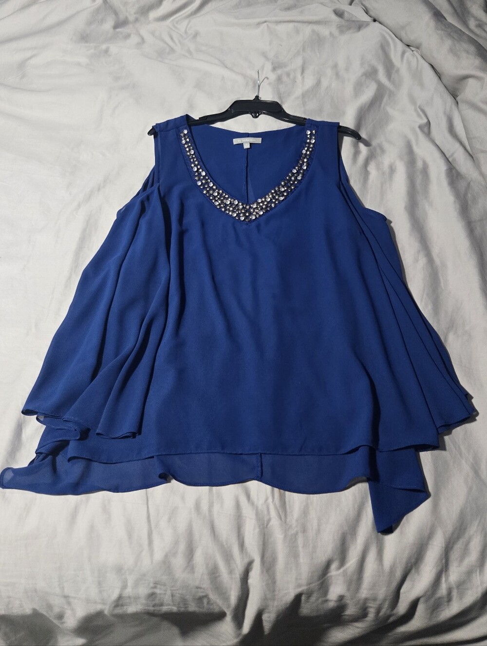 NY Collection Royal Blue Beaded V-Neck Cold-Shoulder Chiffon Camisole